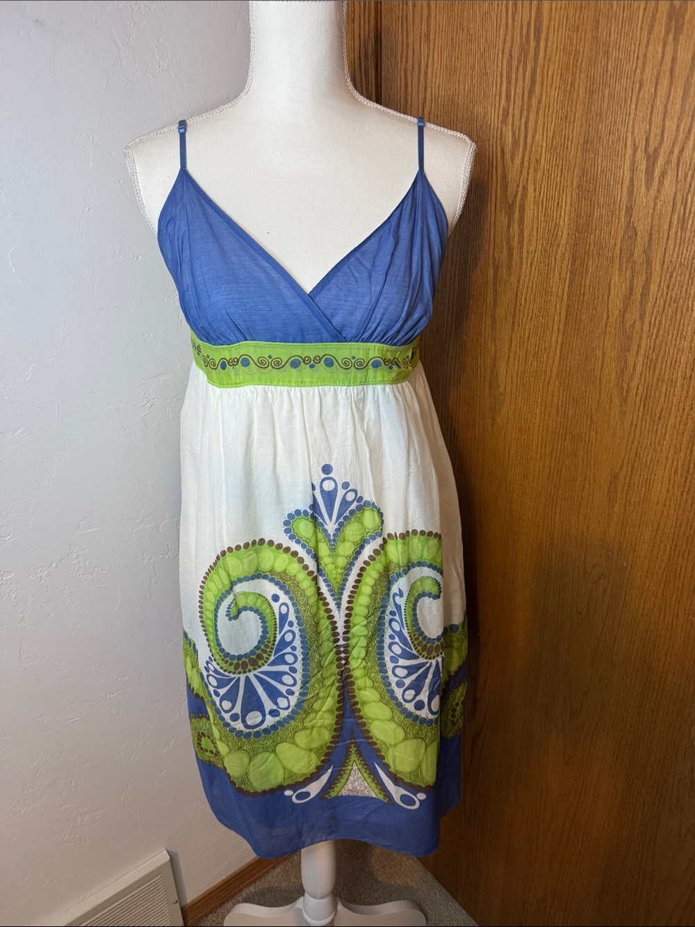 Studio M blue, green & ivory silk & cotton dress L